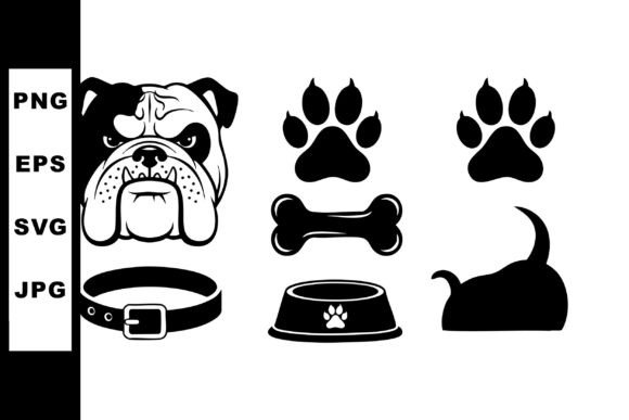 Bulldog Dog Head Paw Prints Bone Collar