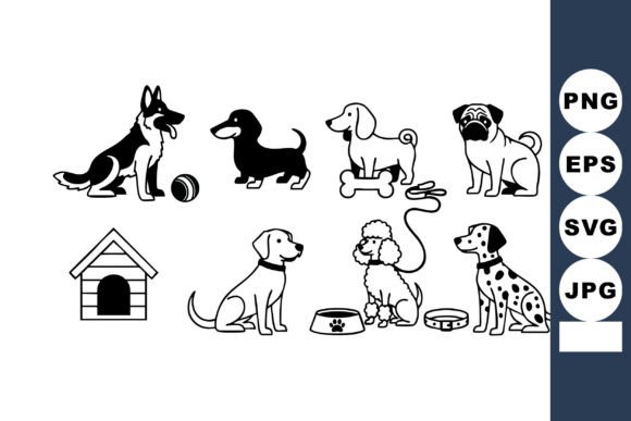 Cute Dogs with Dog House and Toys Vector