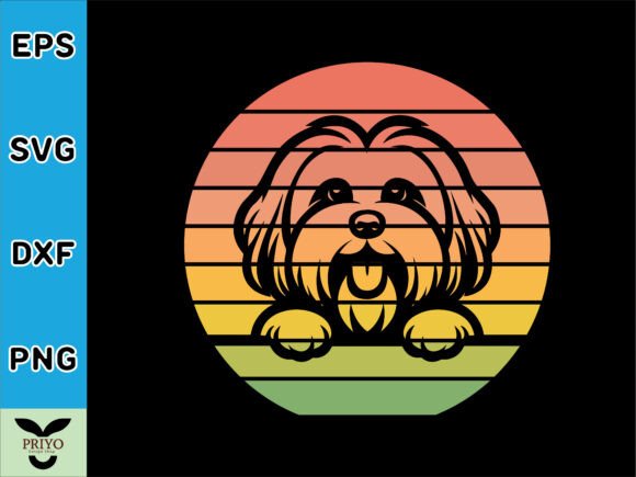 Havanese Dog Peeking Sunset Vintage Retr