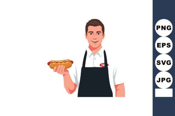 Man Wearing Apron Holding Hot Dog Smilin