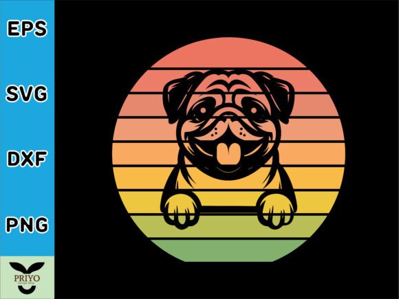 Pug Dog Peeking Sunset Vintage Retro Dog
