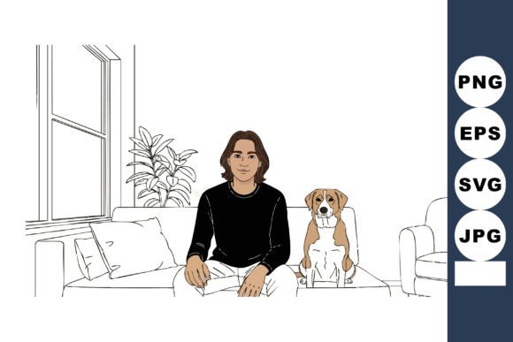Young Man Sitting with Boxer Dog Indoors
